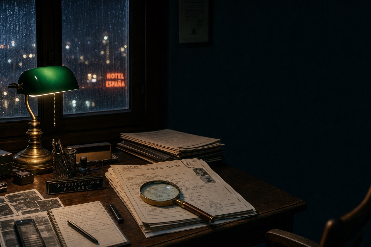 Escritorio de un detective privado de noche, con expedientes mecanografiados, una lupa de latón y una lámpara verde, junto a una ventana con la lluvia y las luces de la ciudad española